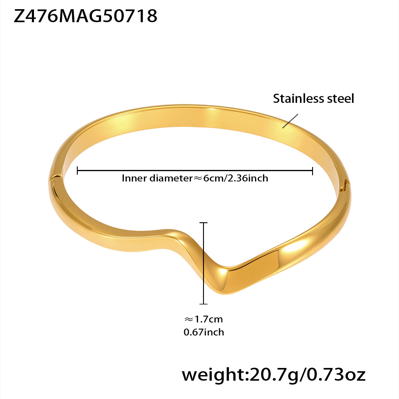 Gold 18k gold plated single wave bangle: 6cm inner diameter 20.7g weight