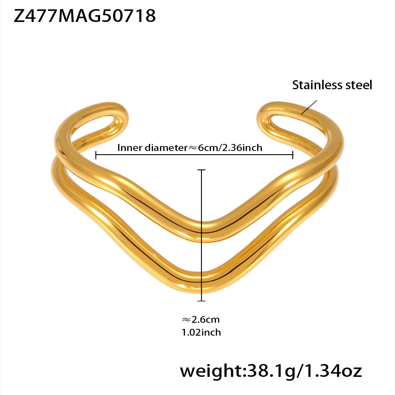 Gold 18k gold plated triple wave bangle: 6cm inner diameter 38.1g weight