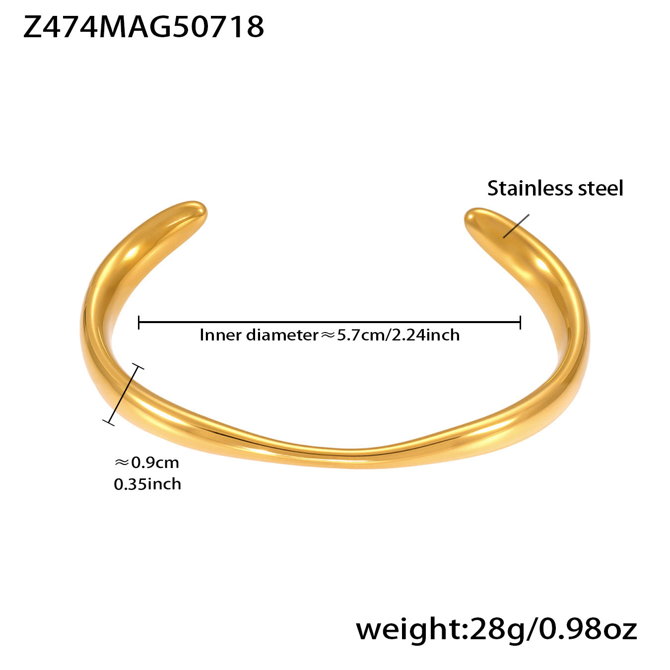 Gold 18k gold plated wave bangle: 5.7cm inner diameter 28g weight