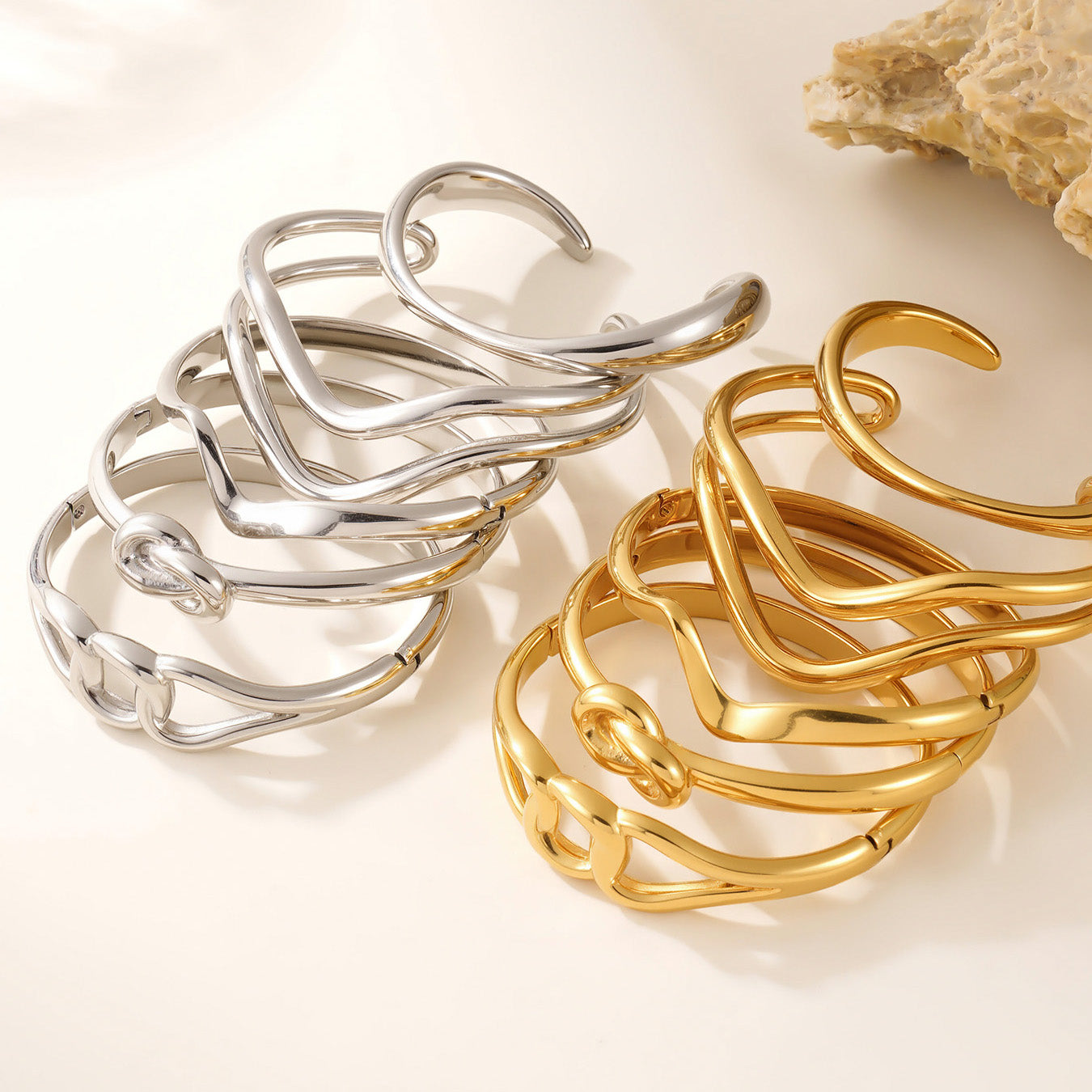 Gold silver 18k gold plated knot twist bangle set, mixed color jewelry scene