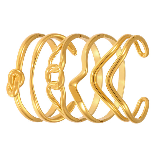 18k gold plated knot twist bangle set, gold cuff bracelet white background