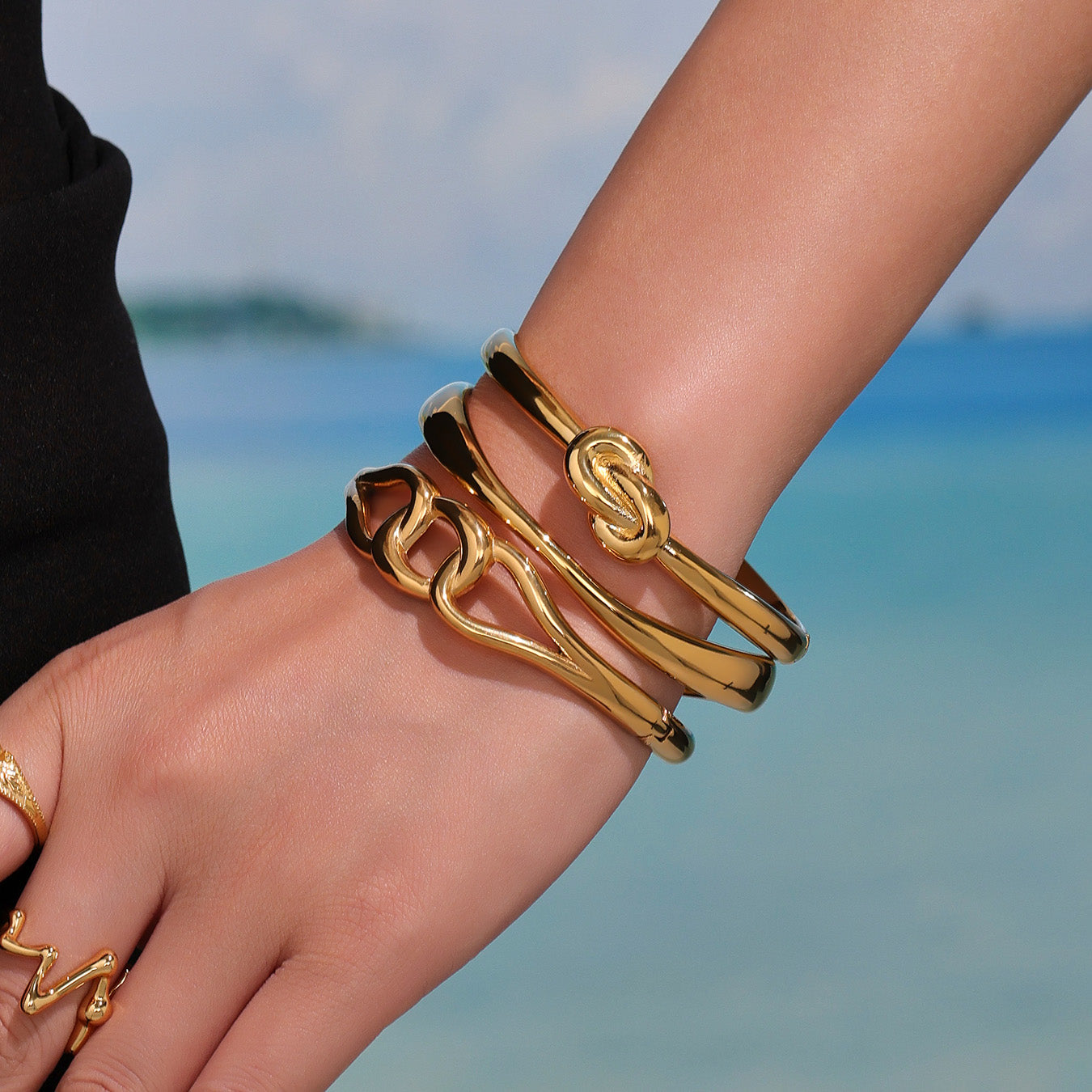 18k gold plated knot twist wave cuff bangle set, women's gold stacked bracelet