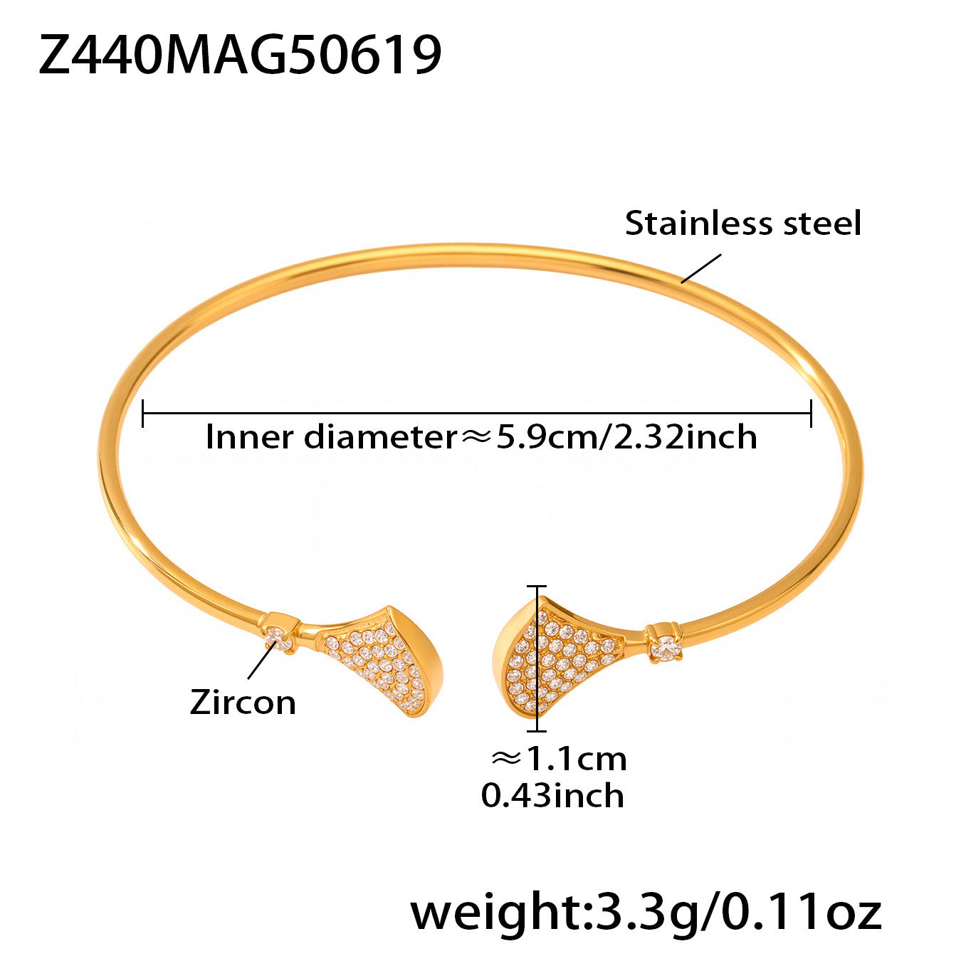Gold 18k gold plated ocean 5A zircon bangle: fish tail design 5.9cm inner diameter 3.3g weight