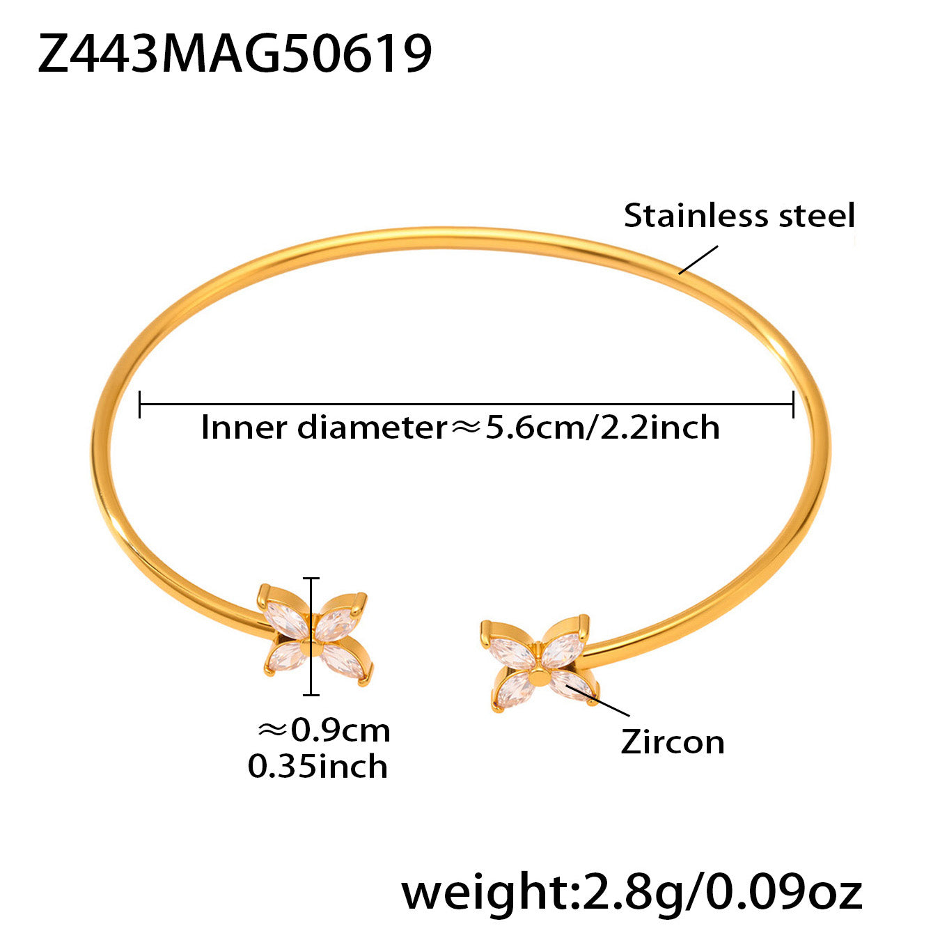 Gold 18k gold plated ocean 5A zircon bangle: flower design 5.6cm inner diameter 2.8g weight
