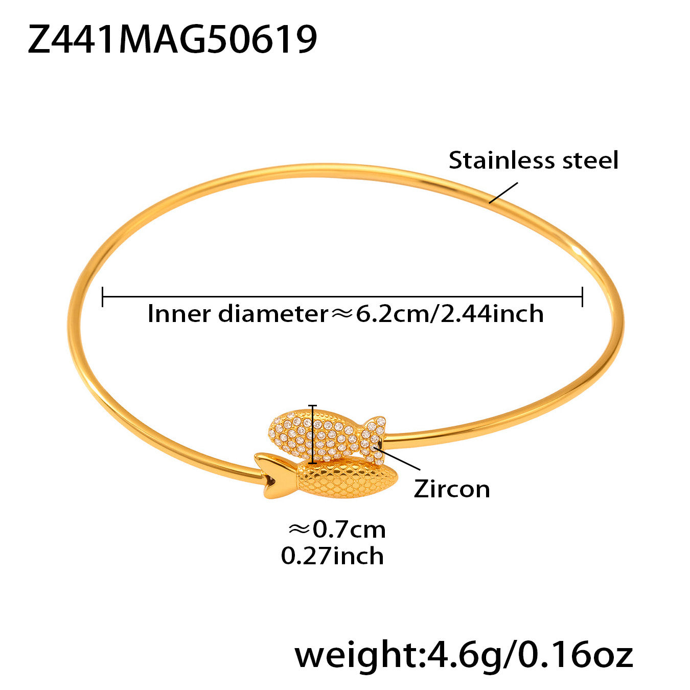 Gold 18k gold plated ocean 5A zircon bangle: small fish design 6.2cm inner diameter 4.6g weight