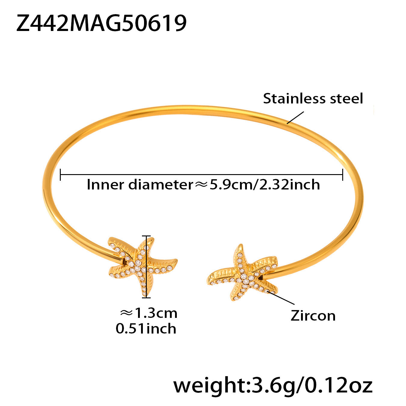 Two-tone 18k gold plated ocean 5A zircon bangle: starfish design 5.9cm inner diameter 3.6g weight