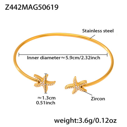Two-tone 18k gold plated ocean 5A zircon bangle: starfish design 5.9cm inner diameter 3.6g weight