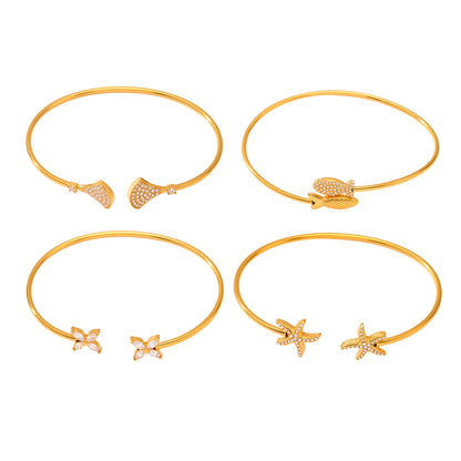 18k gold plated ocean 5A zircon bangle set collection: fish starfish design on white background