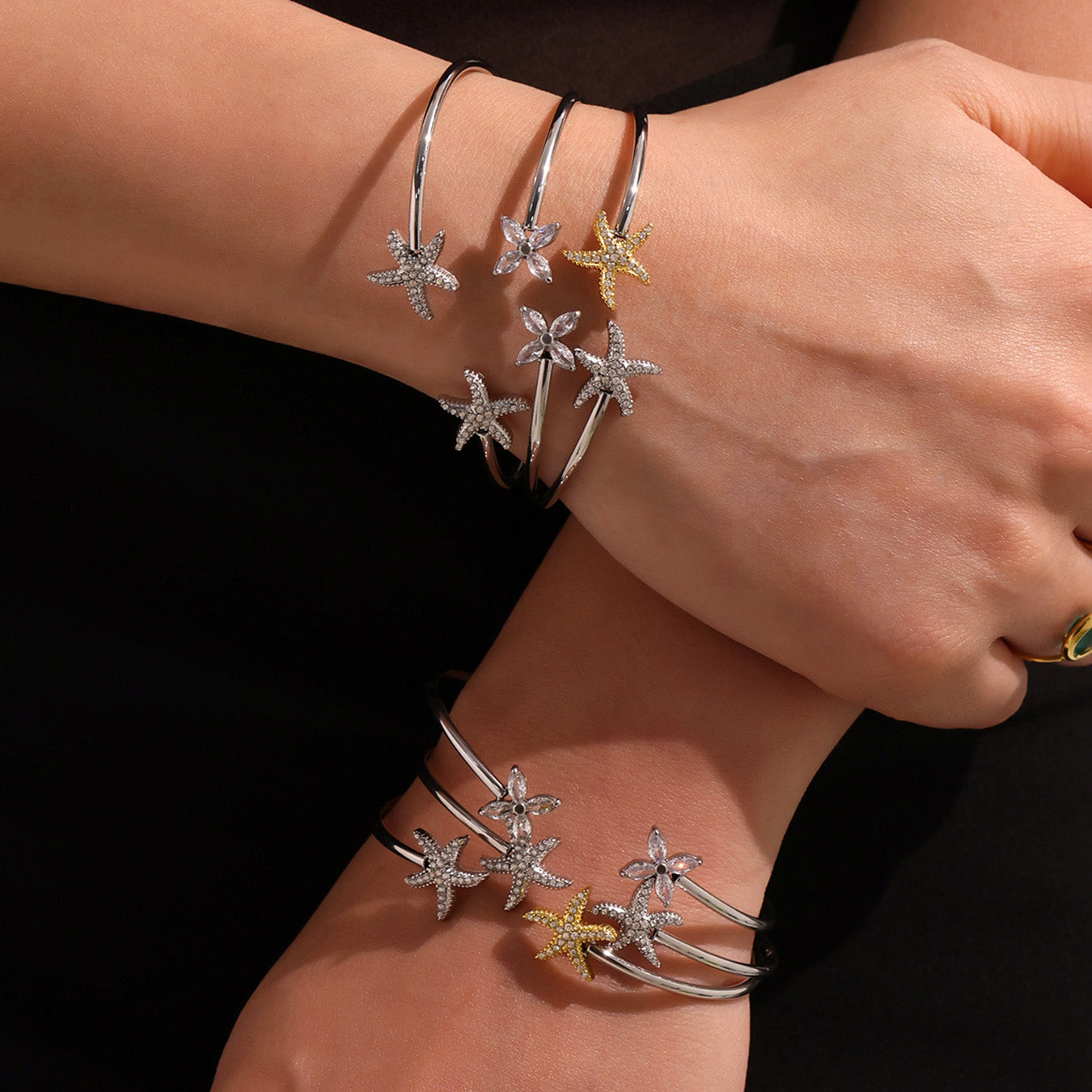 Double wrist stack of silver 18k gold plated ocean 5A zircon bangle set: fish starfish design
