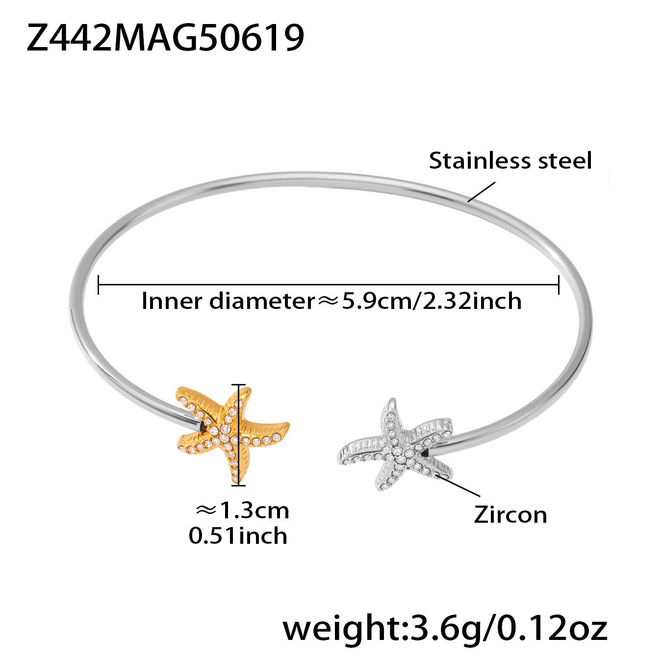 Two-tone 18k gold plated ocean 5A zircon bangle: starfish design 5.9cm inner diameter 3.6g weight