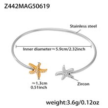 Two-tone 18k gold plated ocean 5A zircon bangle: starfish design 5.9cm inner diameter 3.6g weight