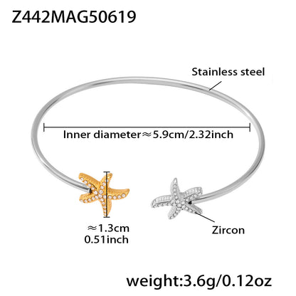 Two-tone 18k gold plated ocean 5A zircon bangle: starfish design 5.9cm inner diameter 3.6g weight