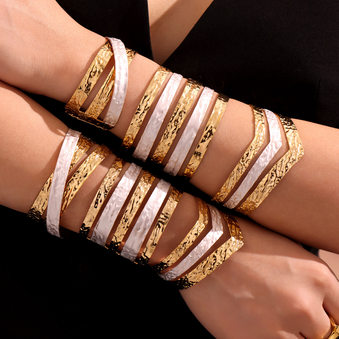 Double stack 18k gold plated oil drop color block open bangle on wrists, minimalist hammered design