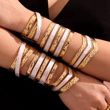 Double stack 18k gold plated oil drop color block open bangle on wrists, minimalist hammered design