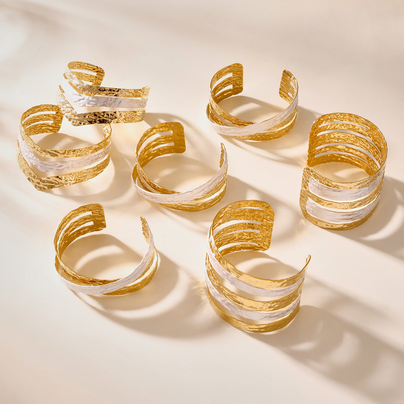 Multiple 18k gold plated oil drop color block open bangle display, minimalist arm cuff set