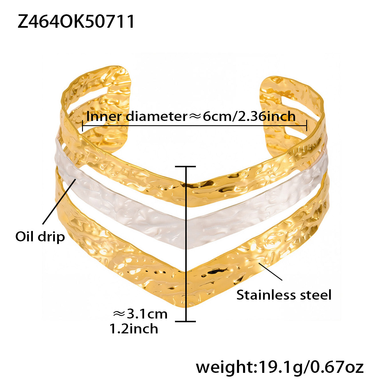 V-shape 18k gold plated oil drop color block open bangle size: 6cm inner diameter 19.1g weight