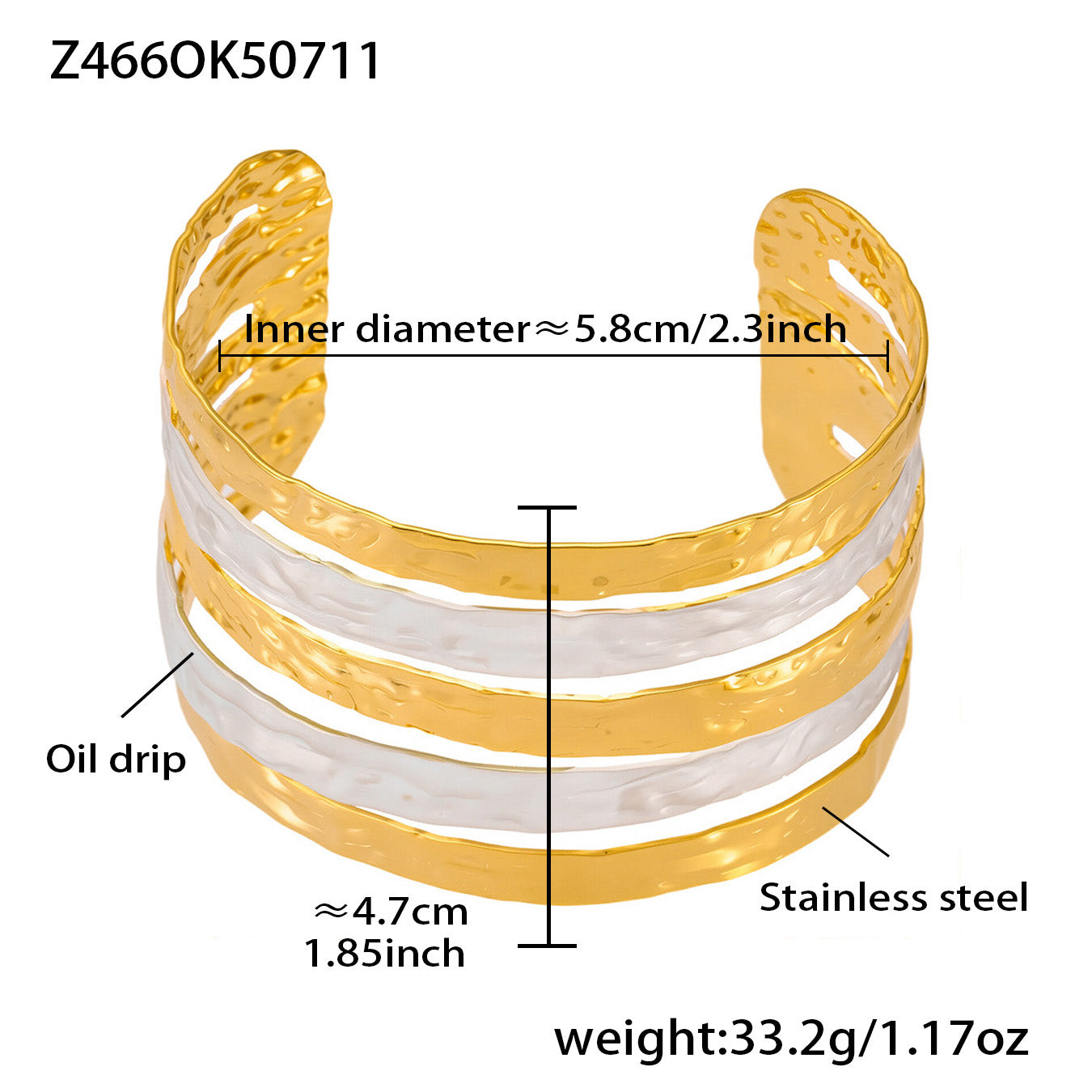 Wide 18k gold plated oil drop color block open bangle size: 5.8cm inner diameter 33.2g weight