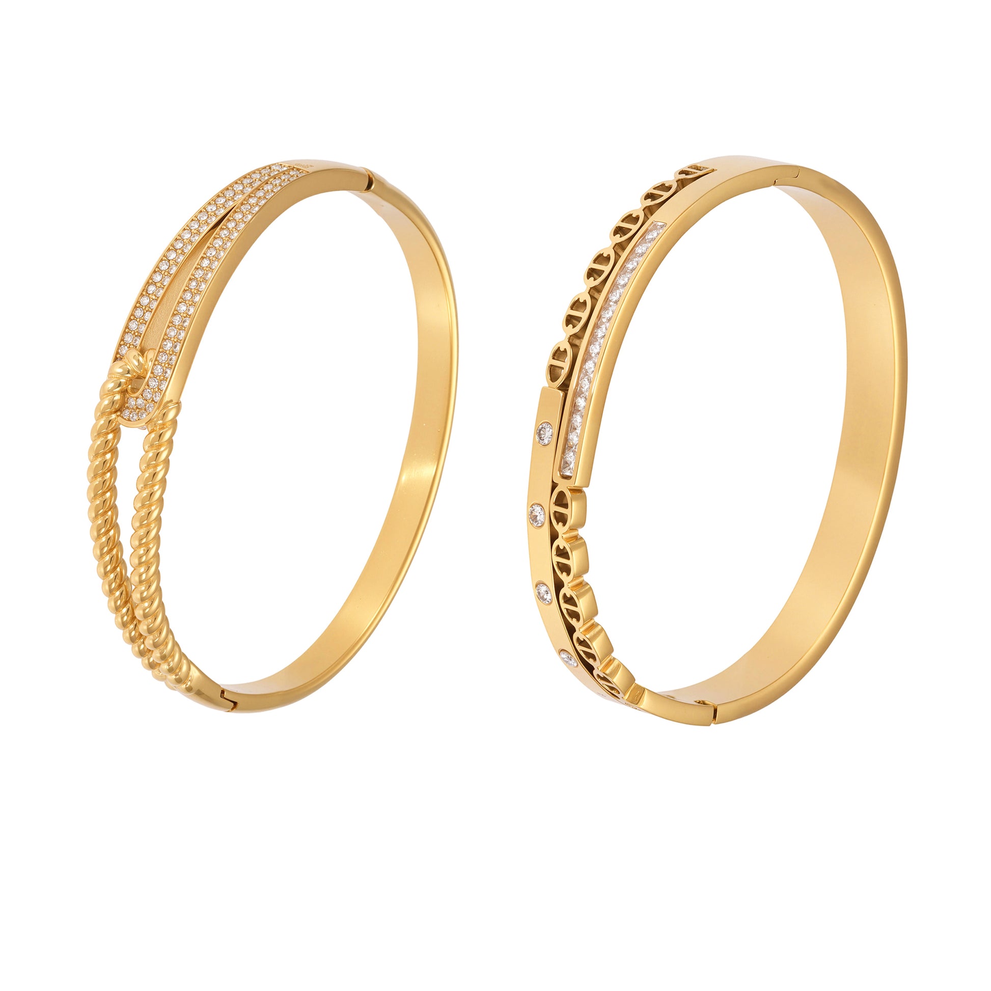 18k gold plated paved zircon bangle set, gold rope chain bracelet white background