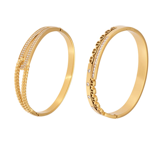 18k gold plated paved zircon bangle set, gold rope chain bracelet white background