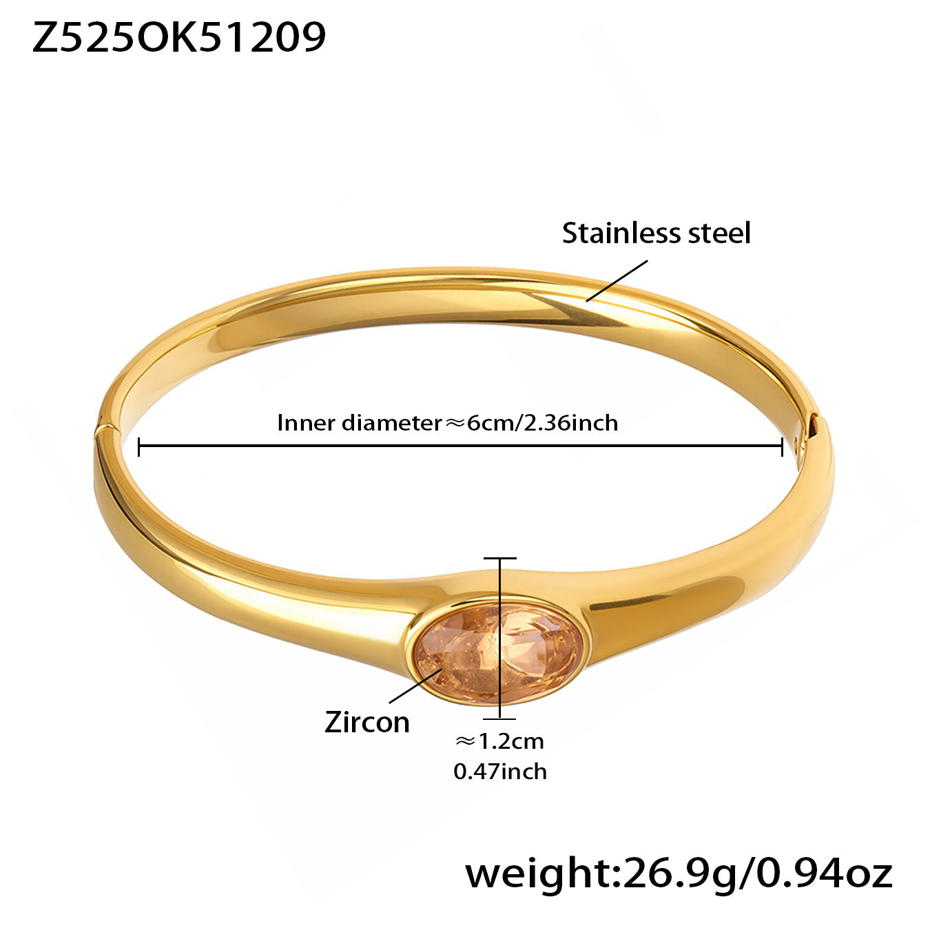 18k gold plated pink 5a zircon stainless steel bracelet spec view, inner diameter 6cm, weight 26.9g