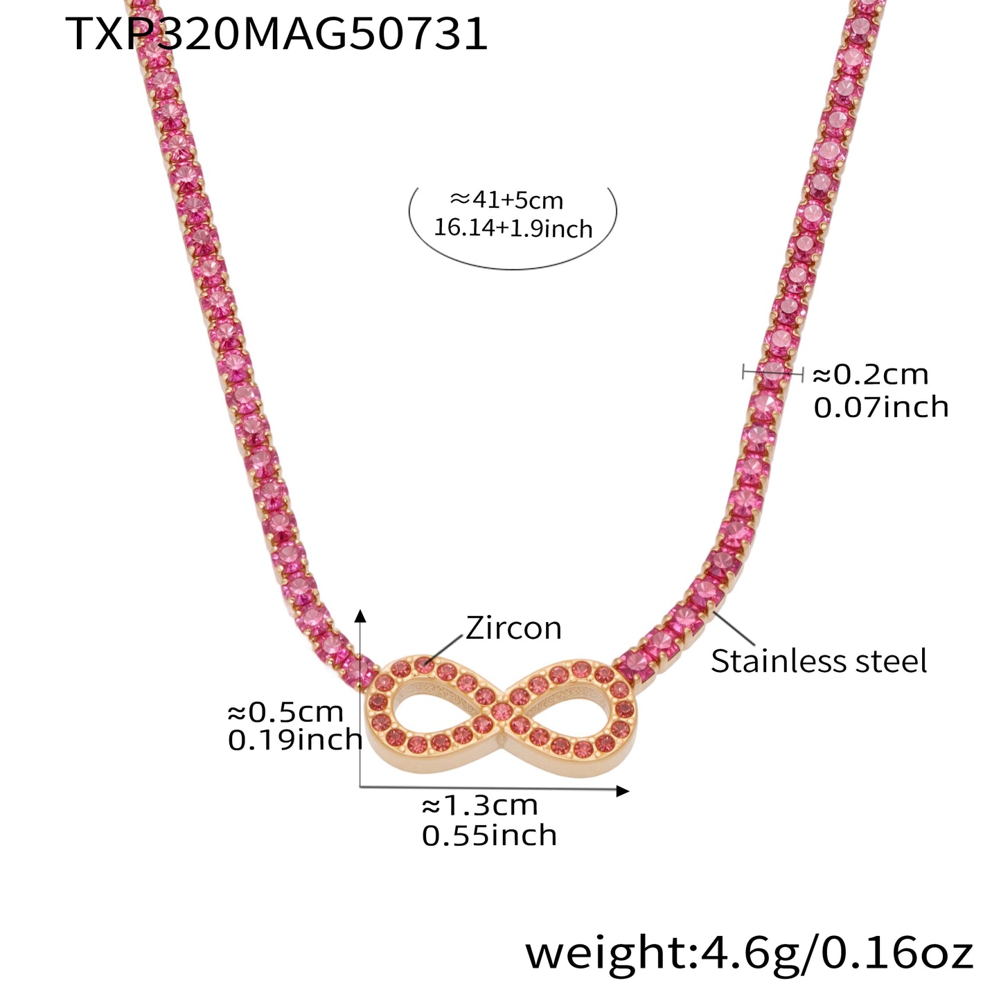 18k gold plated pink zircon infinity symbol necklace: 41+5cm adjustable length 4.6g weight, stainless steel with sparkling pink zircon accents