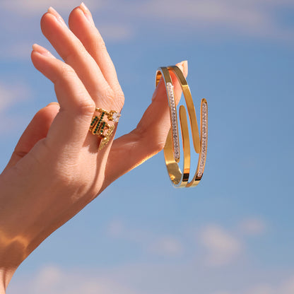 Handheld 18k gold plated polished multi-layer rhinestone bangle: sparkling rhinestone accents