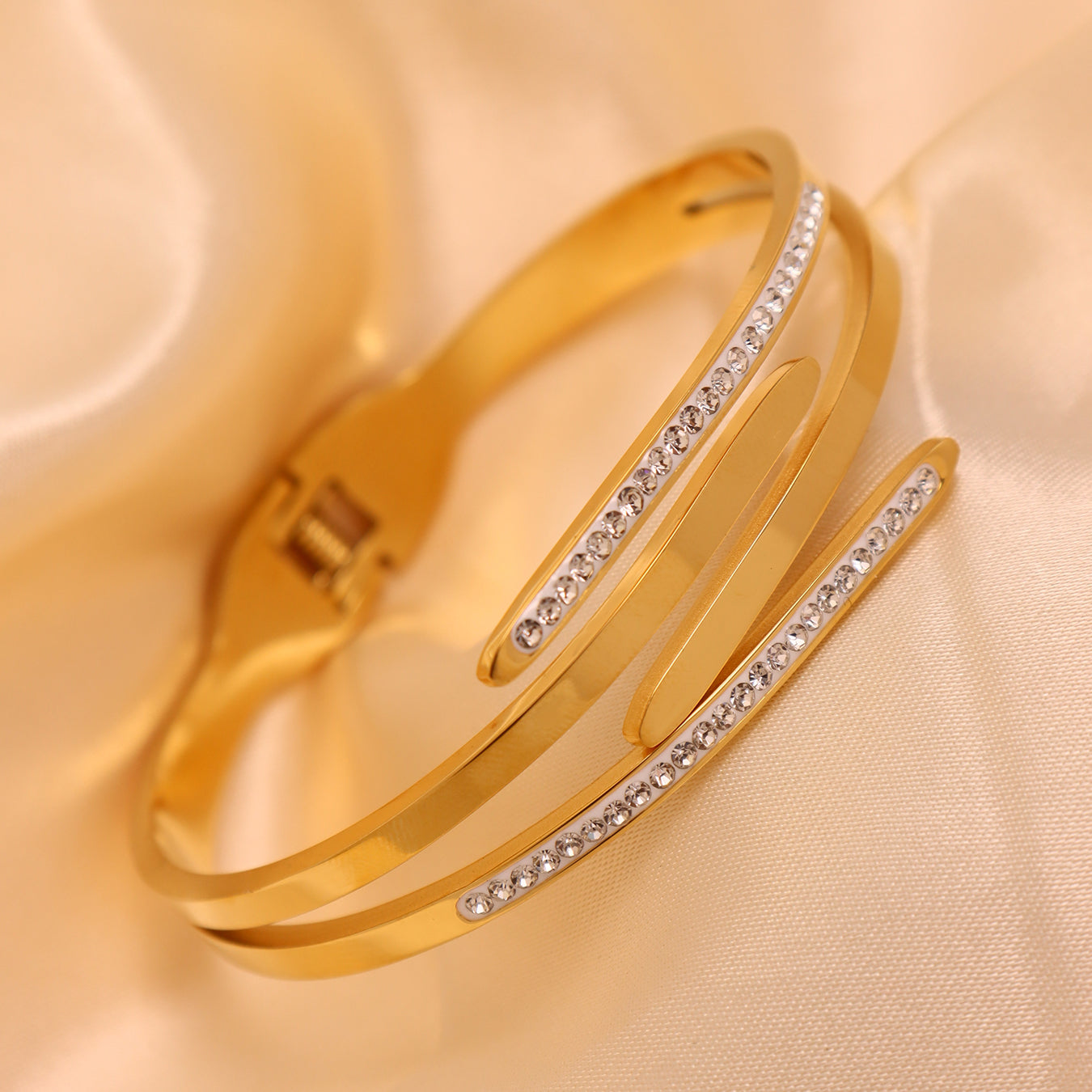 Gold 18k gold plated polished multi-layer rhinestone bangle on satin: luxury daily-wear accessory