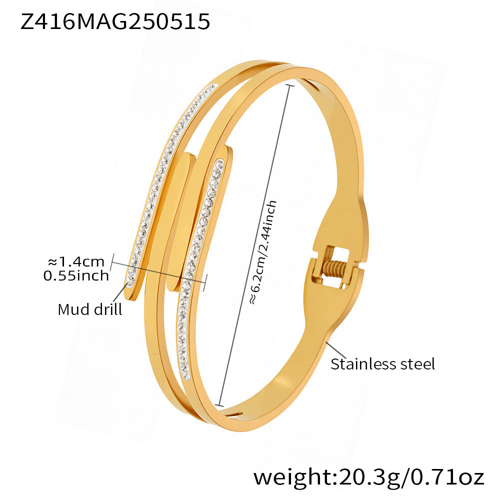Gold 18k gold plated polished multi-layer rhinestone bangle: 6.2cm inner diameter 20.3g weight fade-resistant