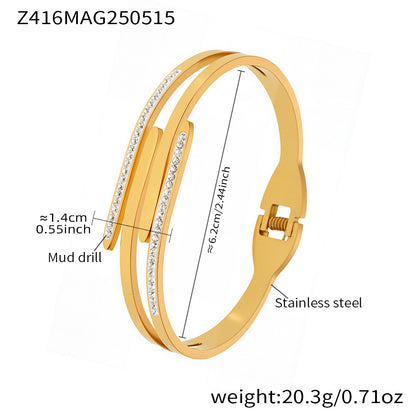 Gold 18k gold plated polished multi-layer rhinestone bangle: 6.2cm inner diameter 20.3g weight fade-resistant