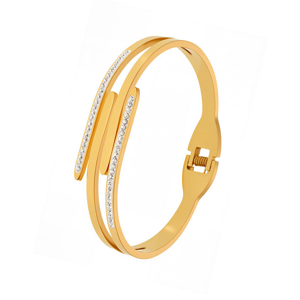 18k gold plated polished multi-layer rhinestone bangle (gold): sleek multi-layer design