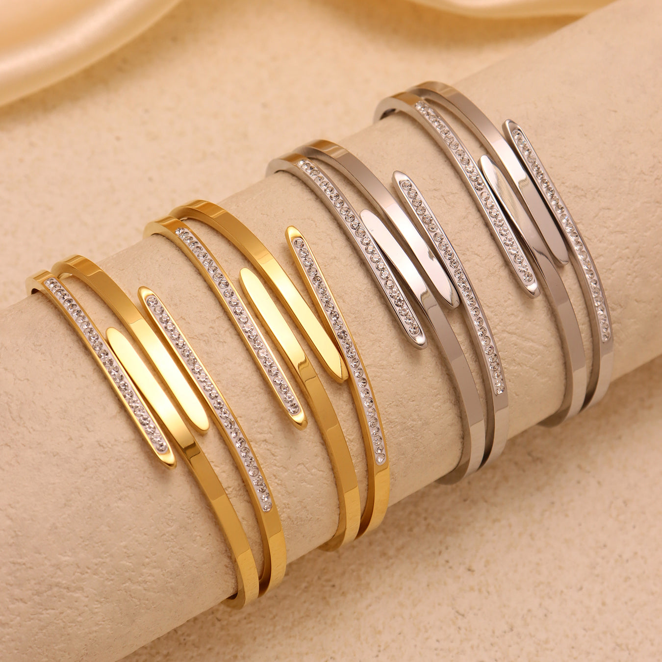 18k gold & silver plated polished multi-layer rhinestone bangle set: versatile fashion collection