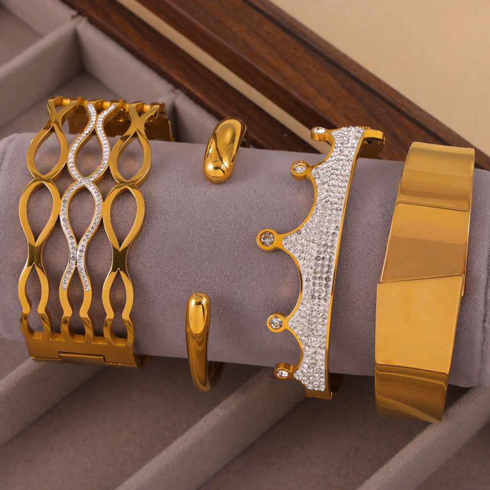 18k gold plated rhinestone bangle set, women's hollow wave crown cuff bracelet gift box
