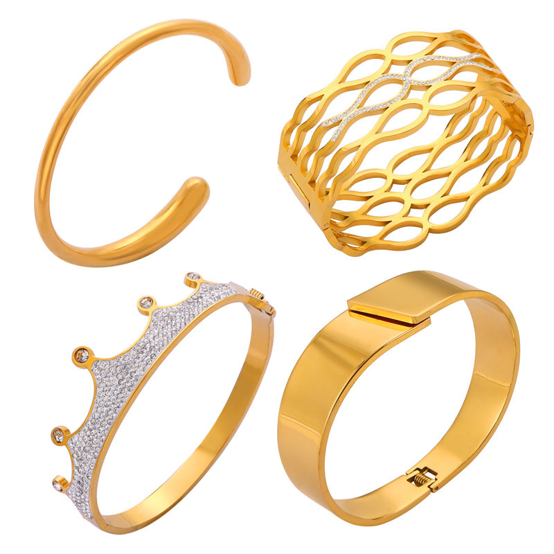 18k gold plated rhinestone bangle set collection, cuff hollow wave crown clasp bracelet white background