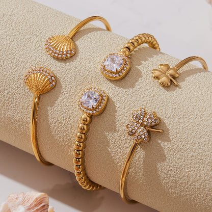 18k gold plated shell clover stone cuff bracelet set, diamond embellished, minimalist fashion jewelry