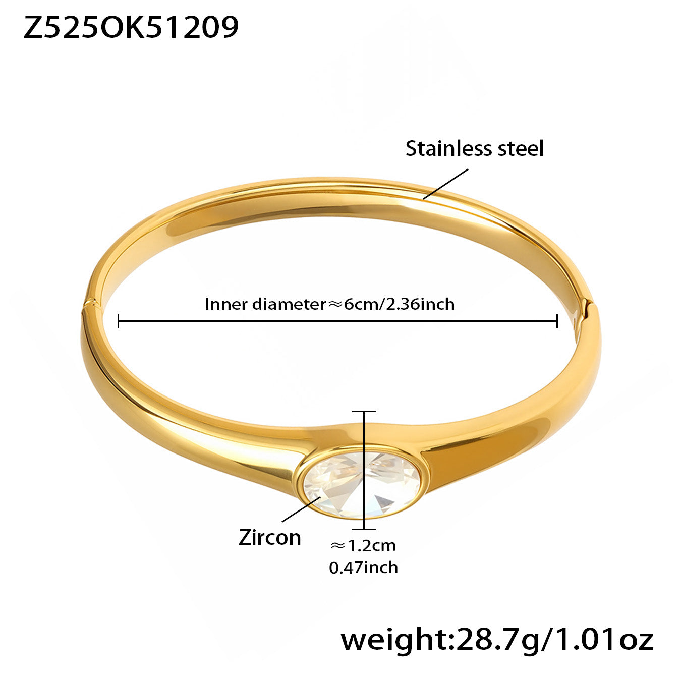 18k gold plated single 5a zircon stainless steel bracelet spec view, inner diameter 6cm, weight 28.7g