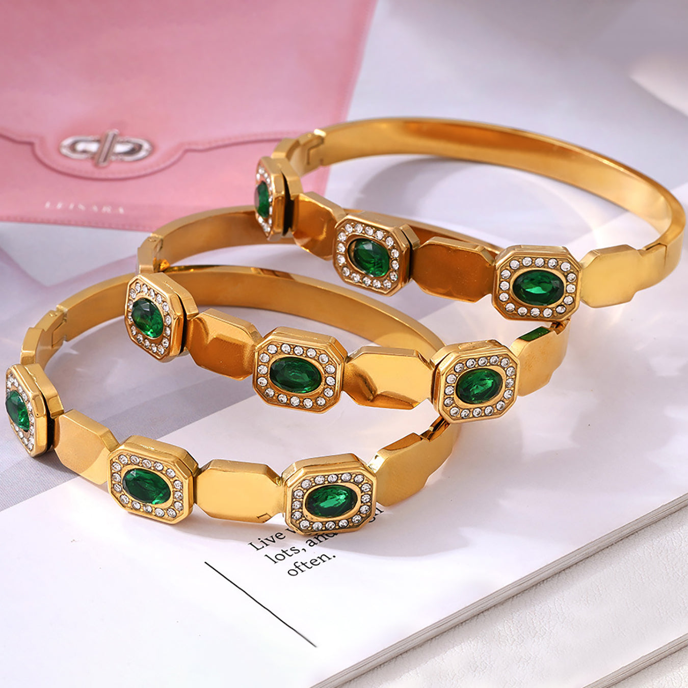18K gold plated square green zircon clasp bangle set, personalized luxury versatile jewelry
