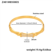 18k gold plated stainless steel bamboo design zircon bracelet spec view, inner diameter 5.9cm, weight 19.4g