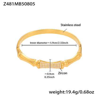 18k gold plated stainless steel bamboo design zircon bracelet spec view, inner diameter 5.9cm, weight 19.4g