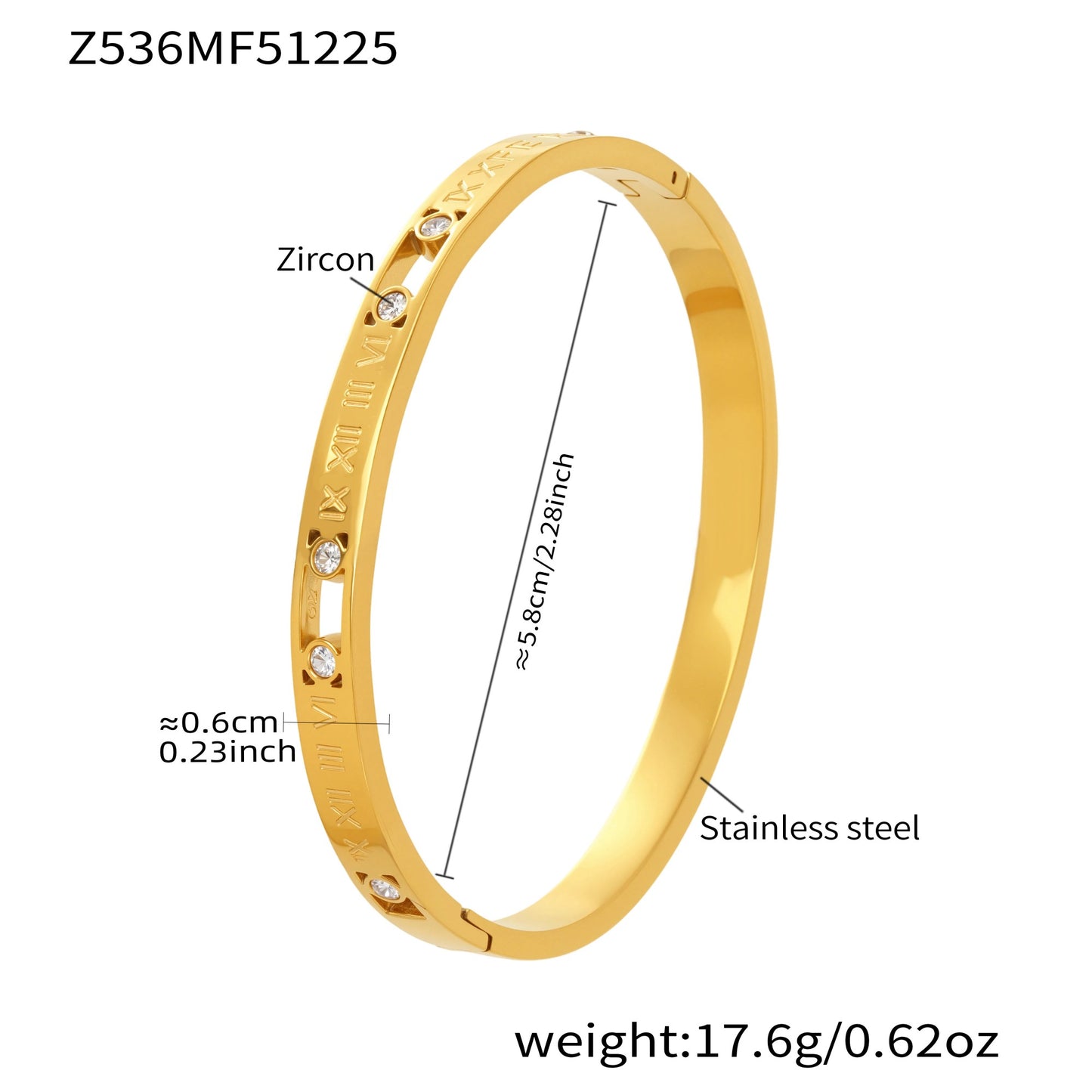 Gold 18k gold plated stainless steel roman numeral zircon bangle: 5.8cm inner diameter 17.6g weight