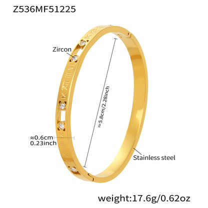 Gold 18k gold plated stainless steel roman numeral zircon bangle: 5.8cm inner diameter 17.6g weight