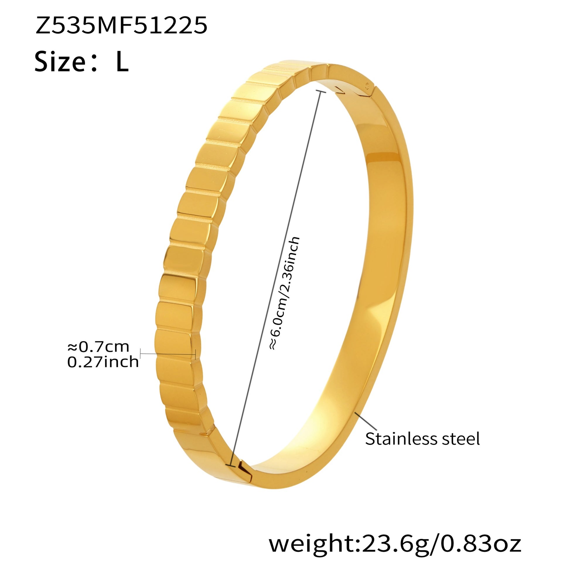 Gold 18k gold plated stainless steel square texture bangle (size L): 6.0cm inner diameter 23.6g weight