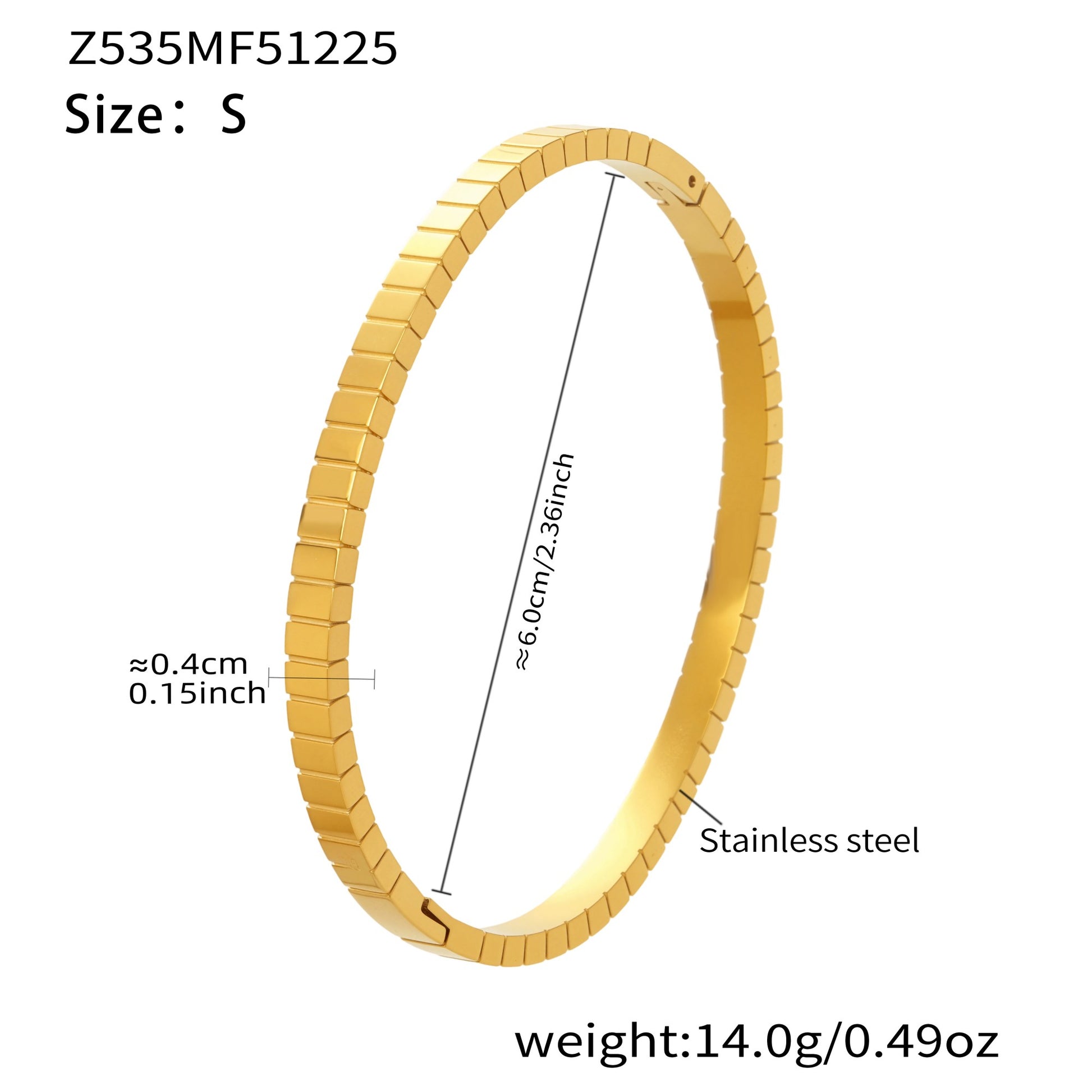 Gold 18k gold plated stainless steel square texture bangle (size S): 6.0cm inner diameter 14.0g weight