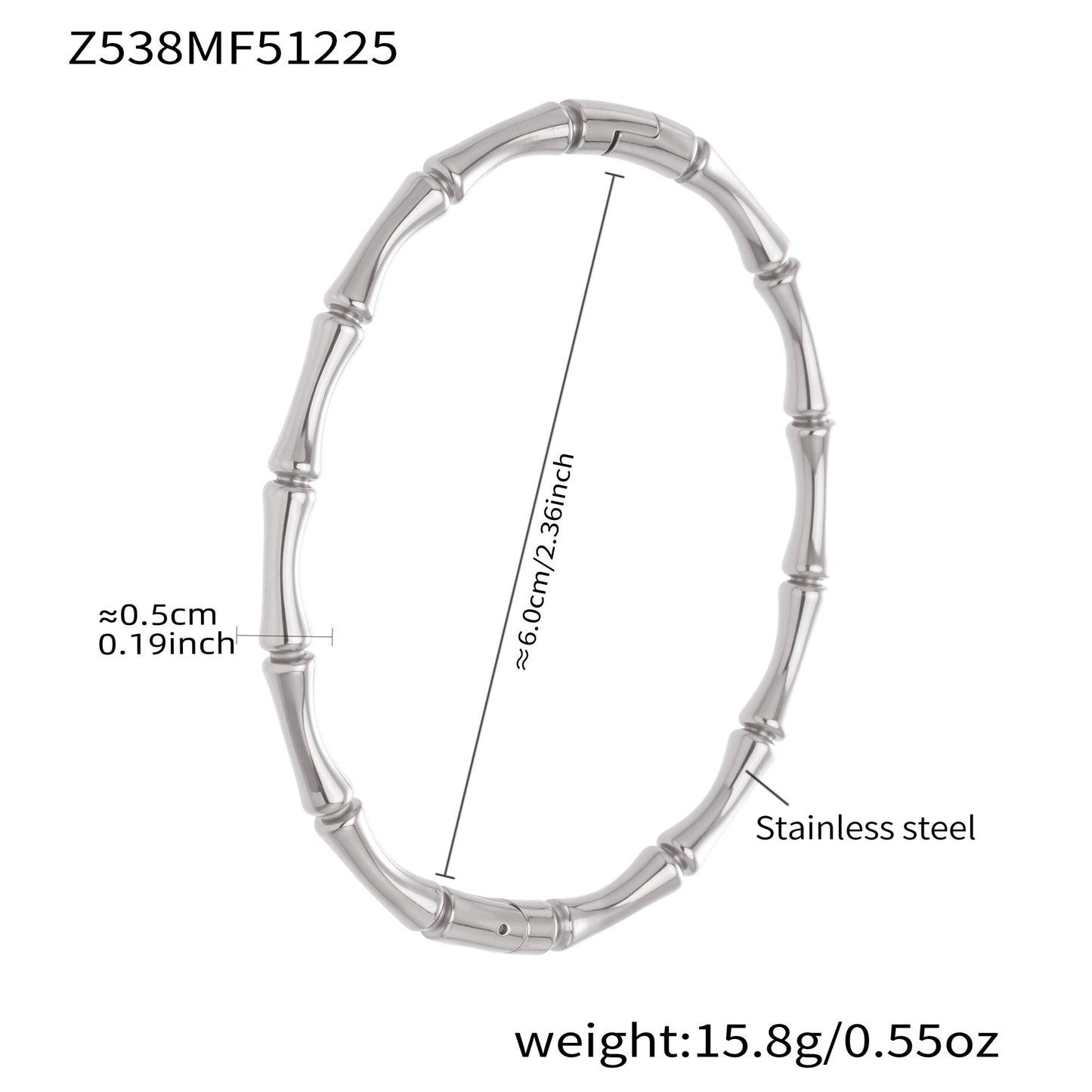 Silver 18k gold plated stainless steel bamboo texture bangle: 6.0cm inner diameter 15.8g weight