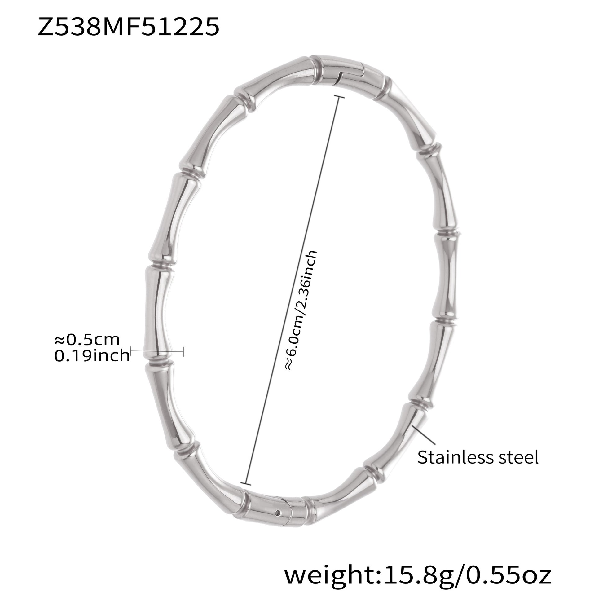 Silver 18k gold plated stainless steel bamboo texture bangle: 6.0cm inner diameter 15.8g weight