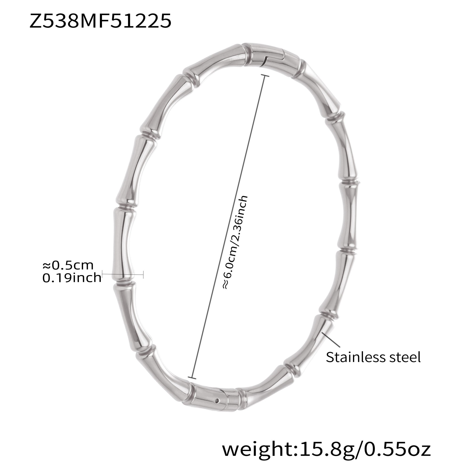 Silver 18k gold plated stainless steel bamboo texture bangle: 6.0cm inner diameter 15.8g weight