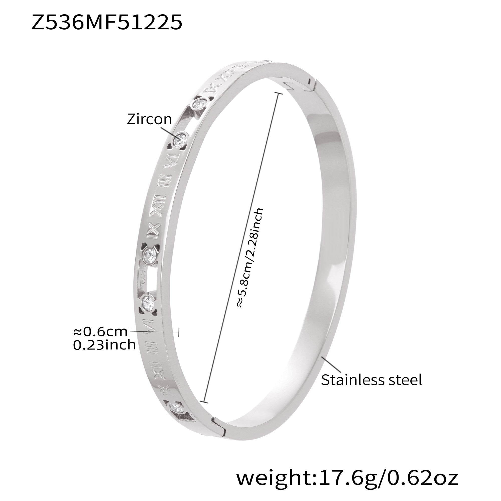 Silver 18k gold plated stainless steel roman numeral zircon bangle: 5.8cm inner diameter 17.6g weight