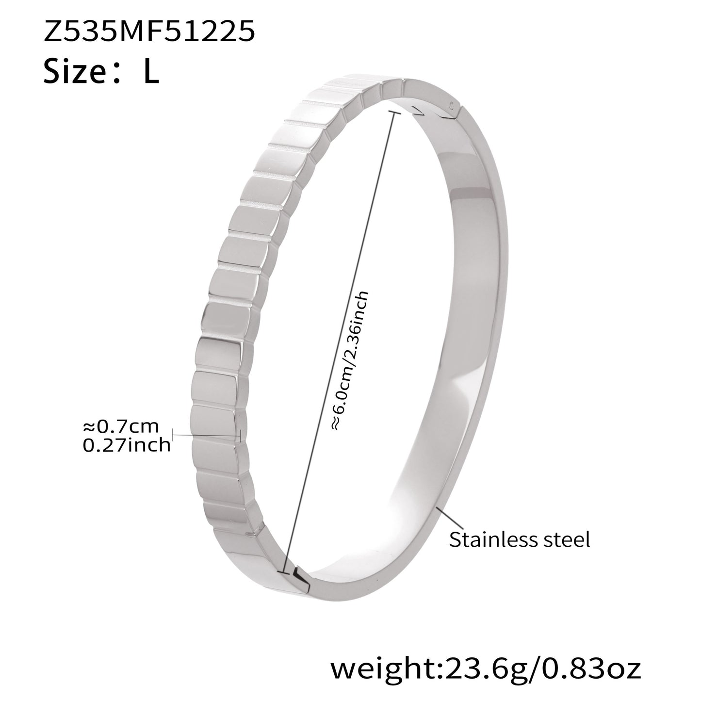 Silver 18k gold plated stainless steel square texture bangle (size L): 6.0cm inner diameter 23.6g weight