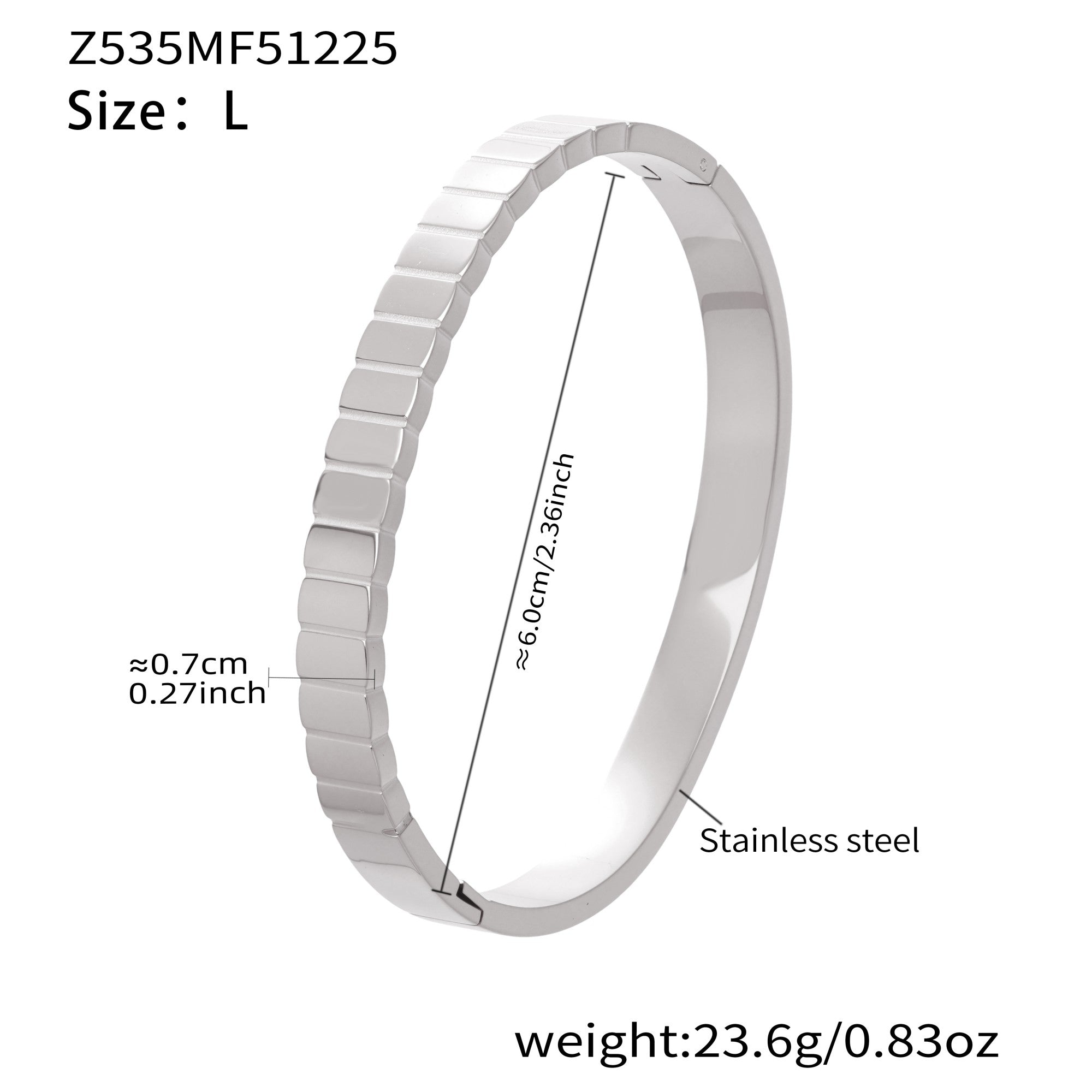Silver 18k gold plated stainless steel square texture bangle (size L): 6.0cm inner diameter 23.6g weight