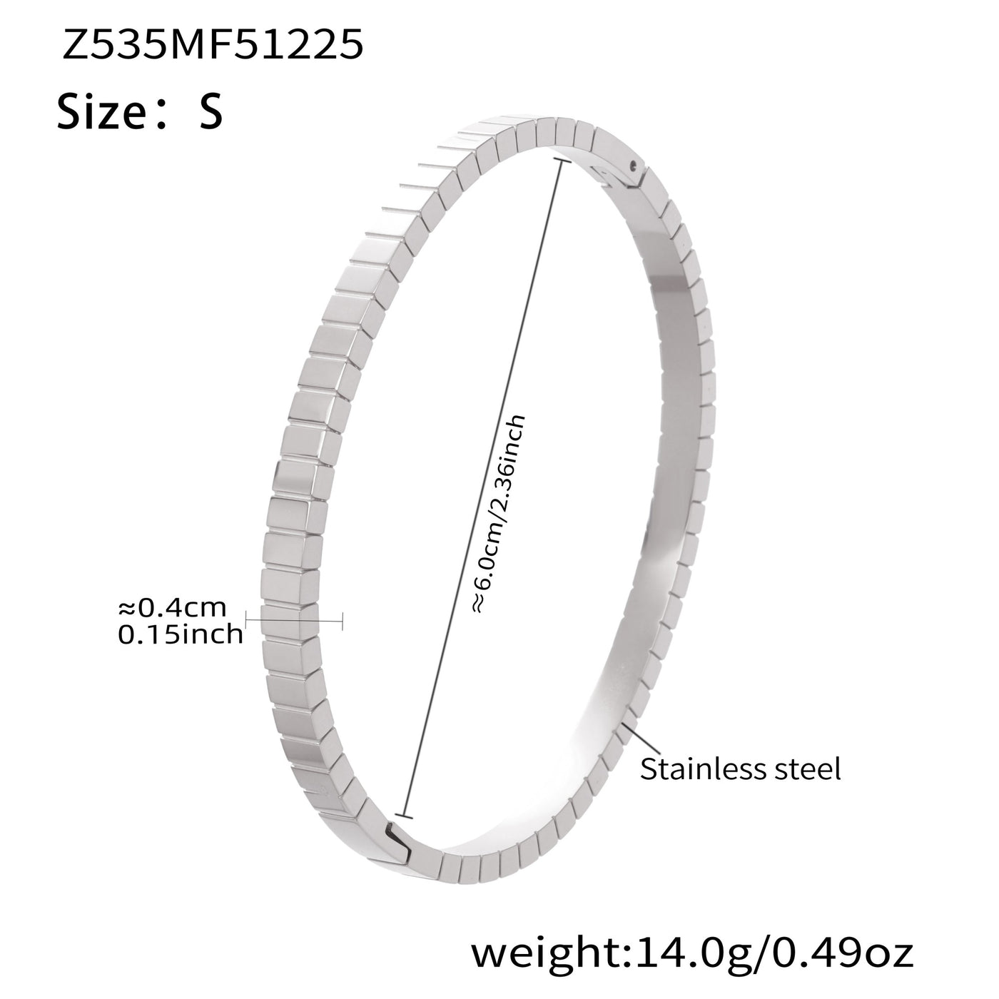 Silver 18k gold plated stainless steel square texture bangle (size S): 6.0cm inner diameter 14.0g weight