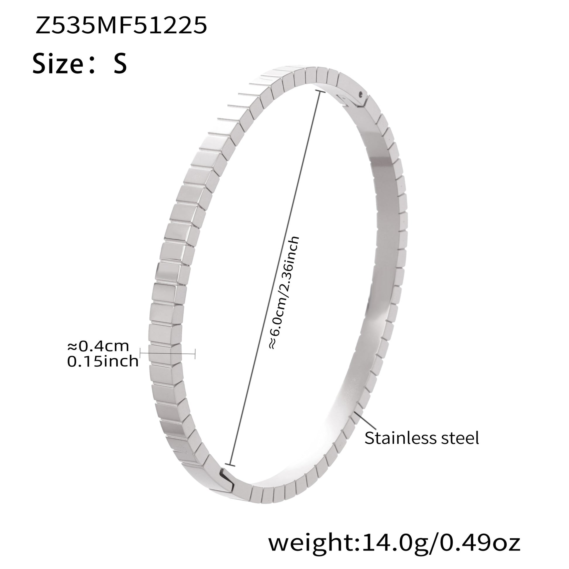 Silver 18k gold plated stainless steel square texture bangle (size S): 6.0cm inner diameter 14.0g weight